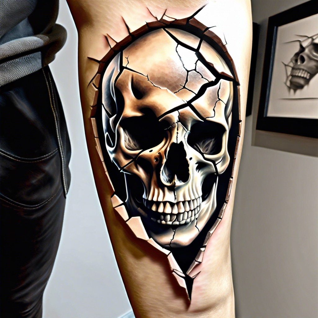 3d effect cracked skull tattoo to show depth