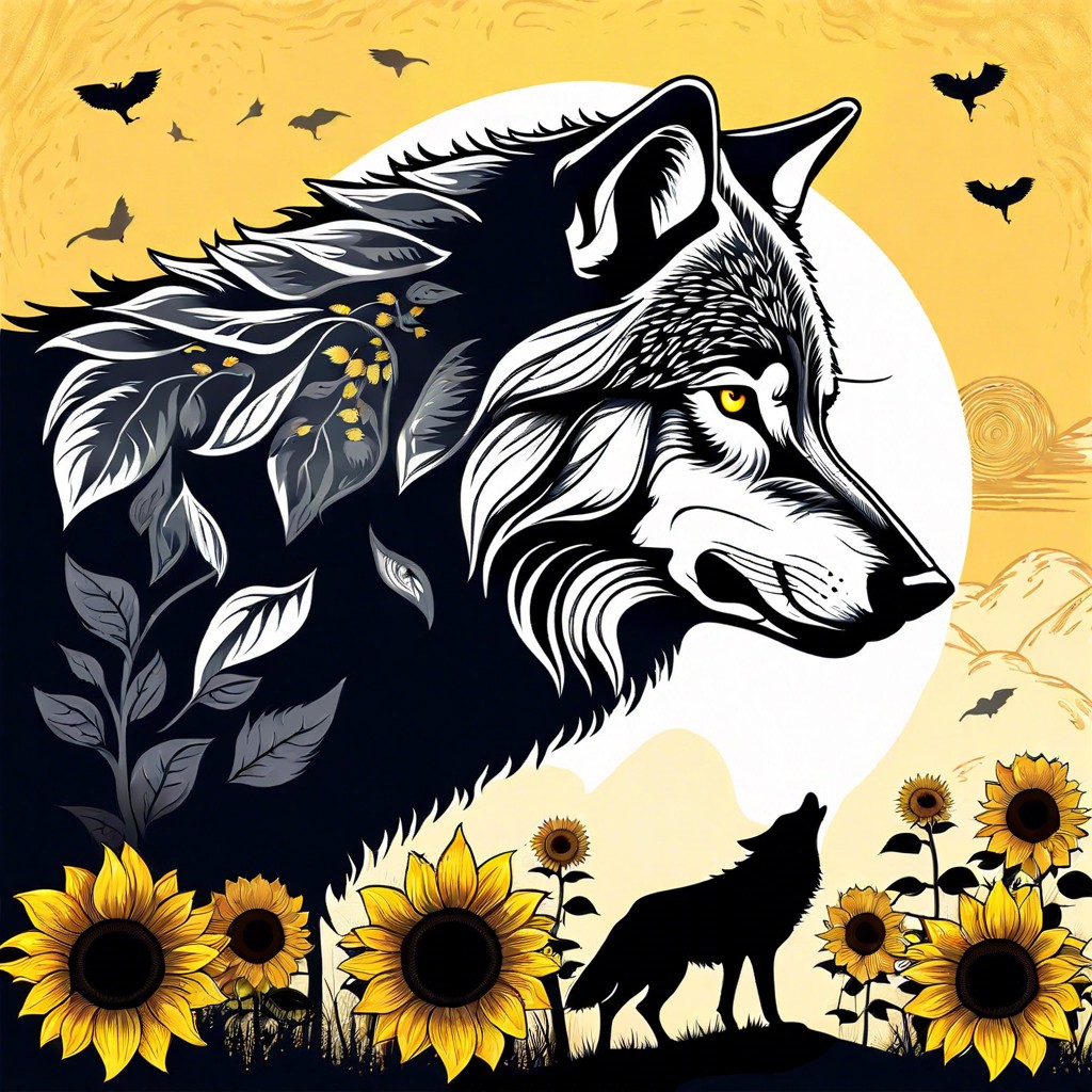 a sunflower field landscape inside a silhouette of a wolf