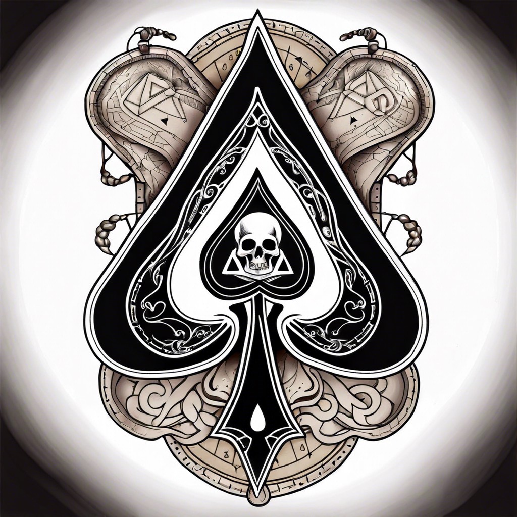 ace of spades with a hidden map or cryptic runes