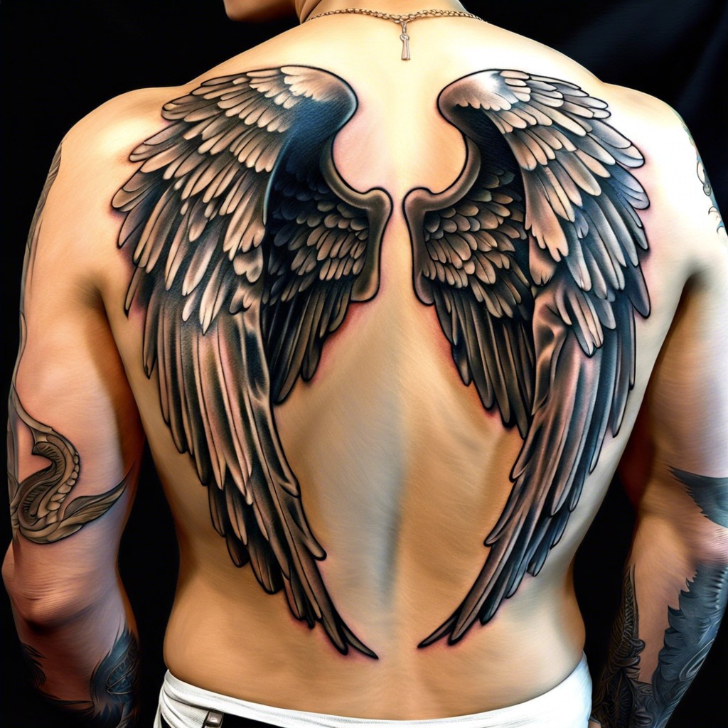 back tattoo with no ragrets framed by angel wings