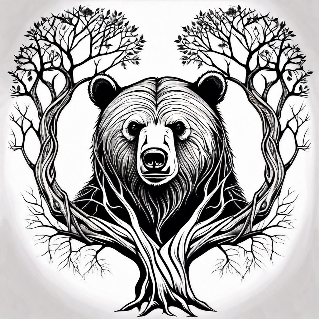 bear fused with a tree of life roots and branches intertwined