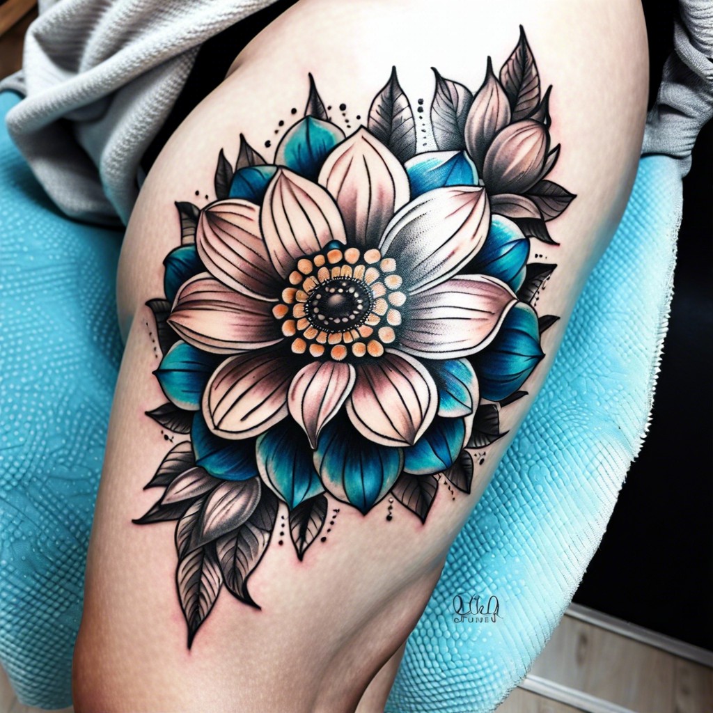 birth flower mandala on the upper thigh