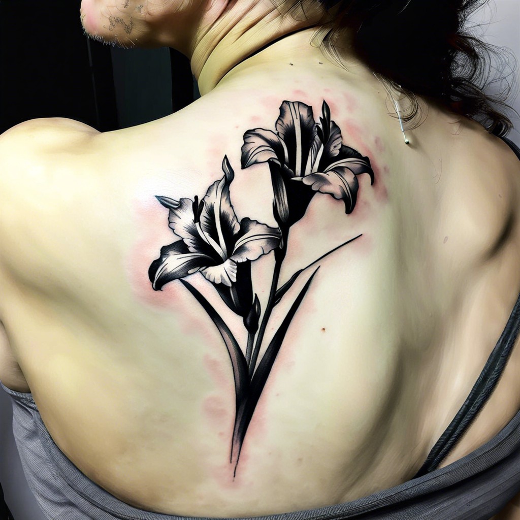 black and white gladiolus on the collarbone