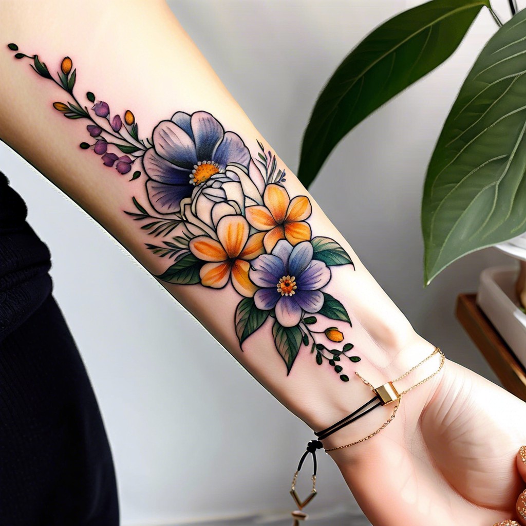 bracelet tattoo of linked birth flowers around the wrist