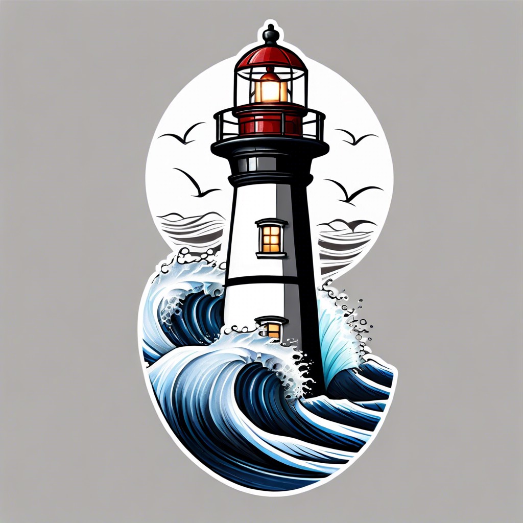 classic nautical lighthouse with ocean waves crashing around