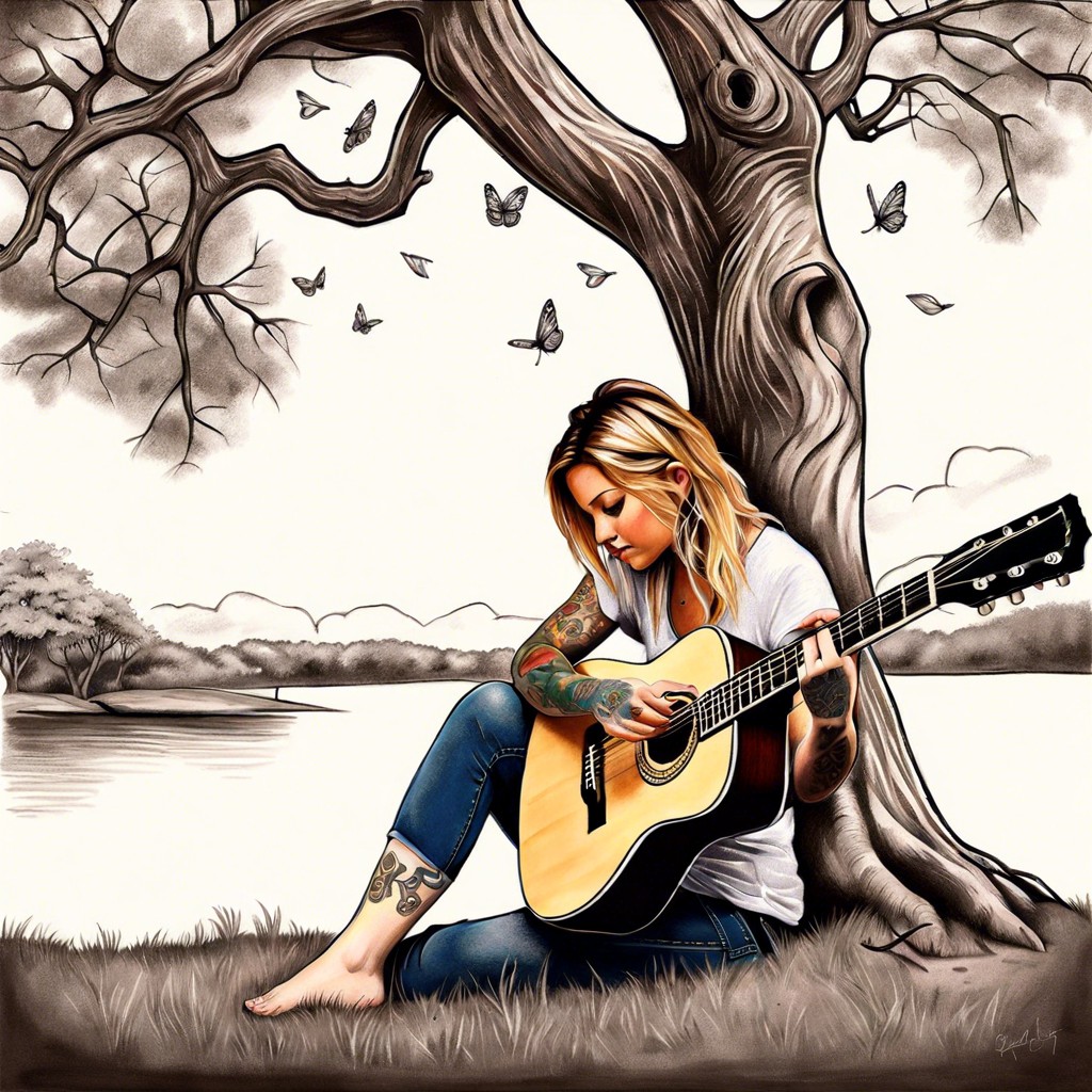 ellie playing guitar under a tree