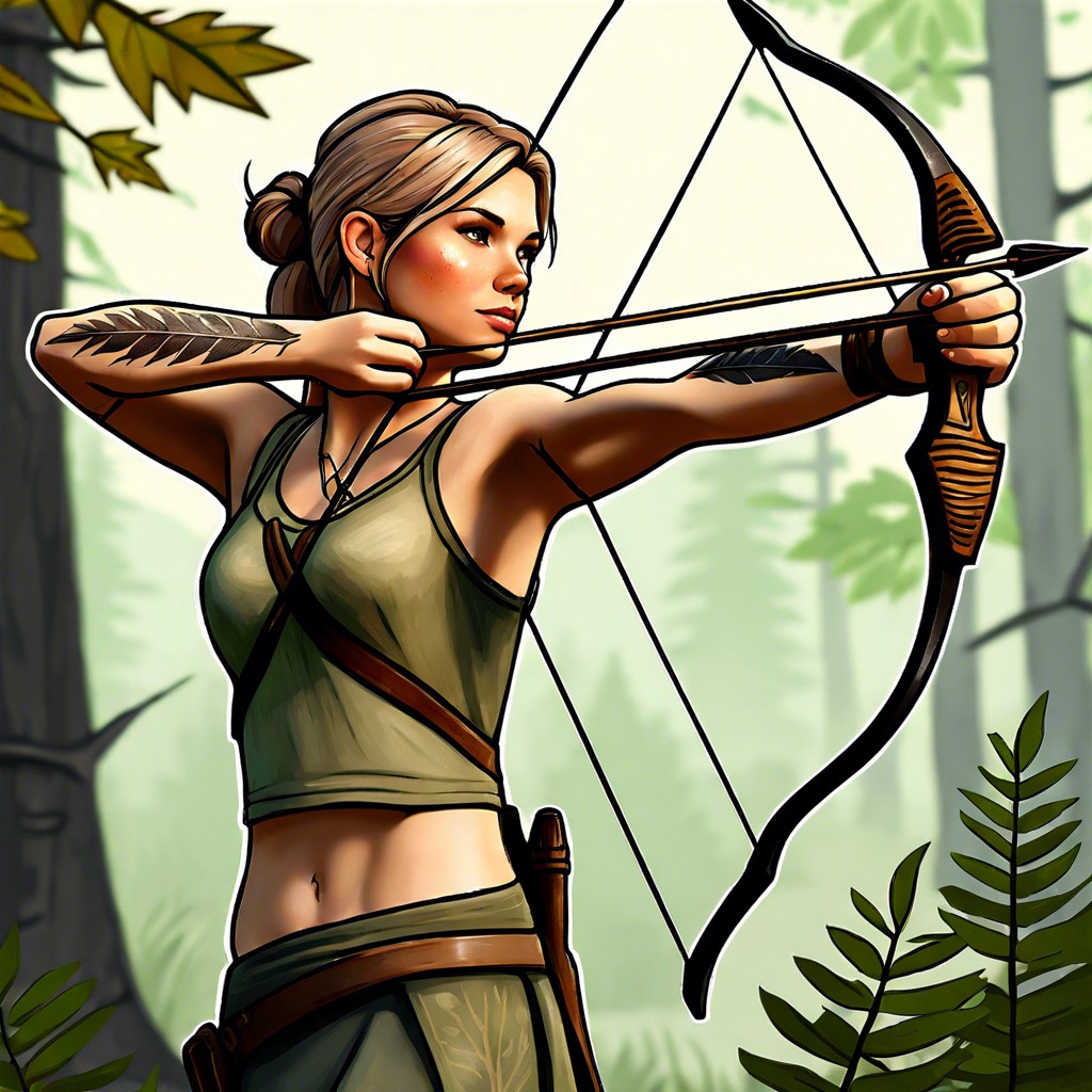 ellies bow and arrow amidst forest foliage