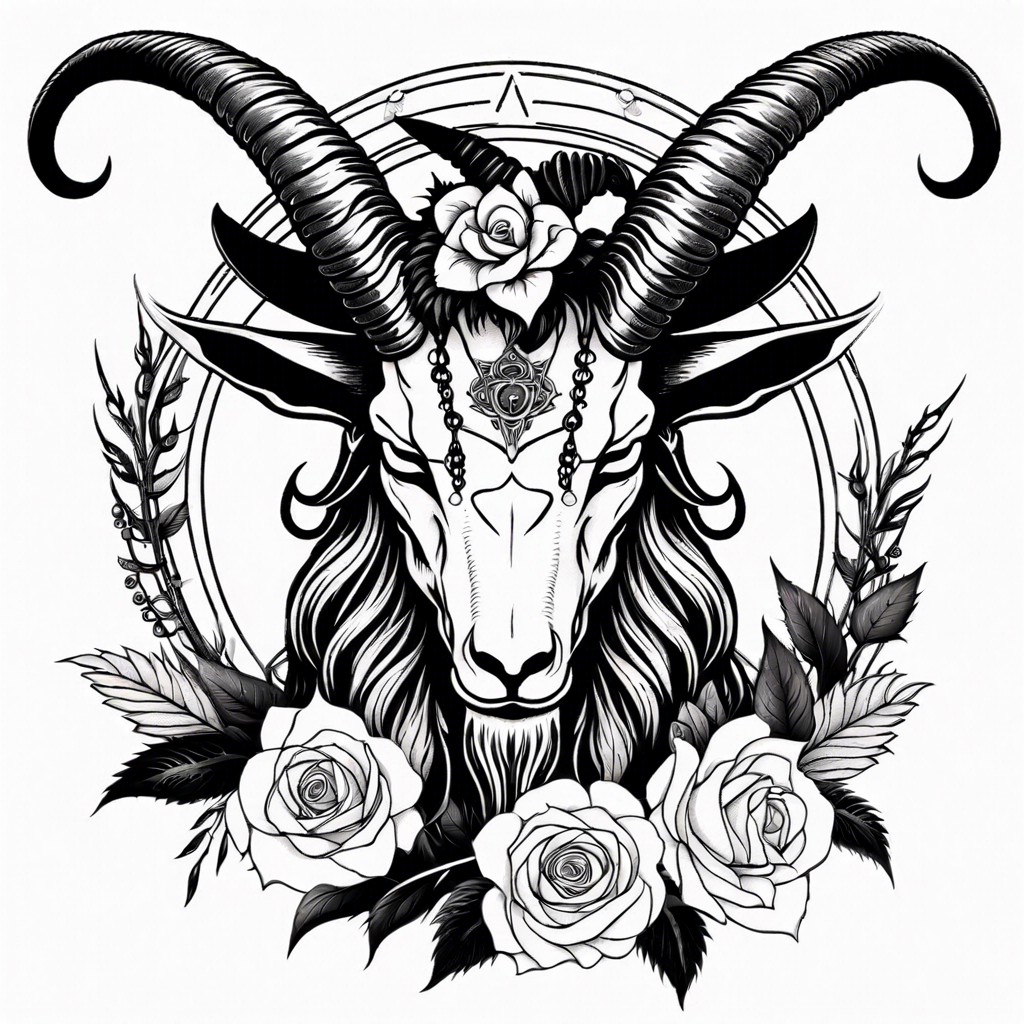 floral wreath surrounding baphomet head