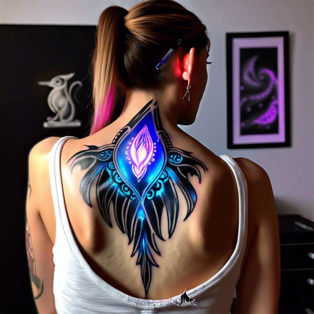 glowing brand in uv ink on the nape