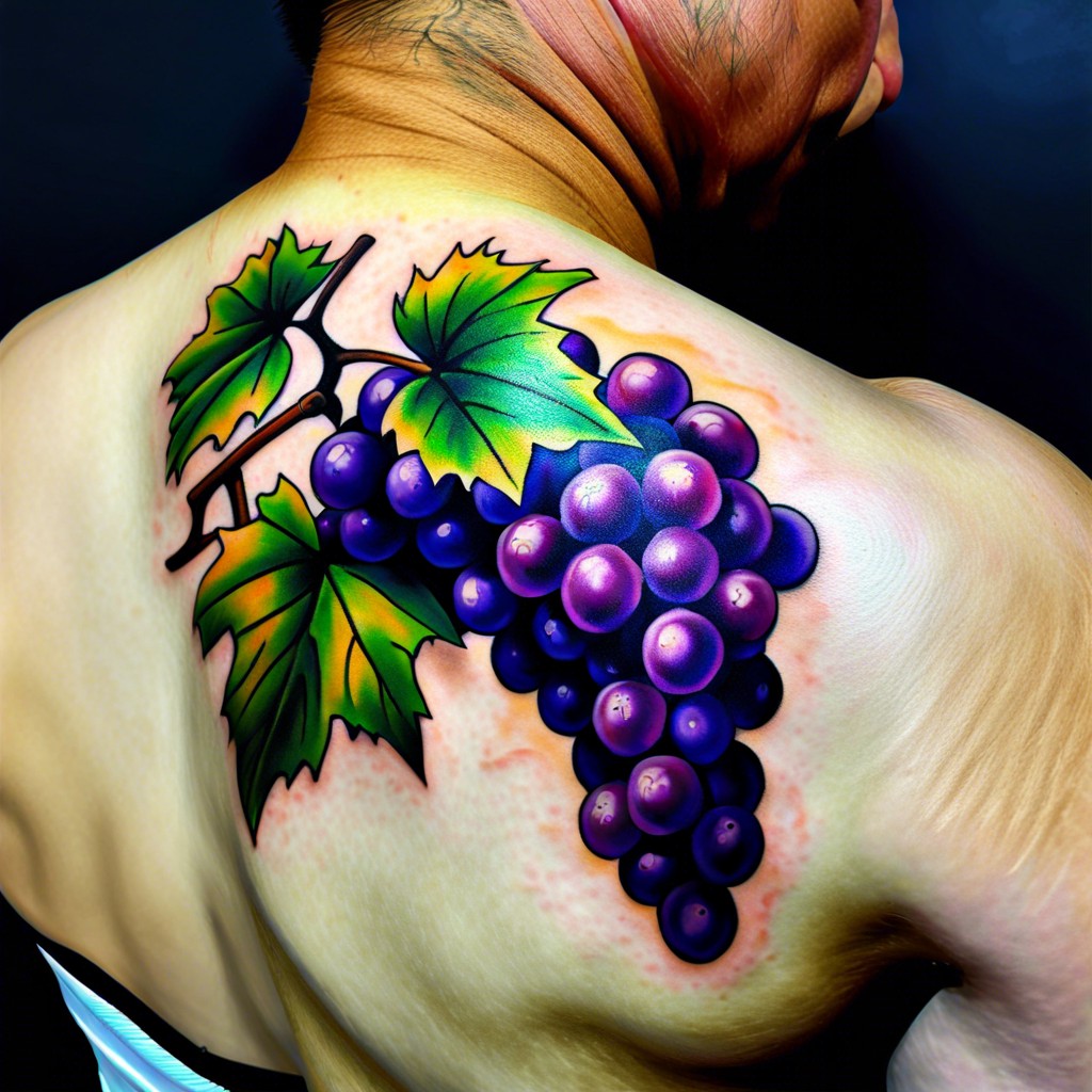 grapevine across the shoulders with hanging clusters of grapes