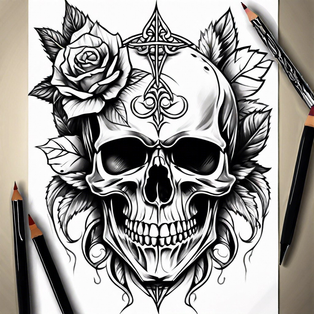 hand drawn sketchy line art skull tattoo