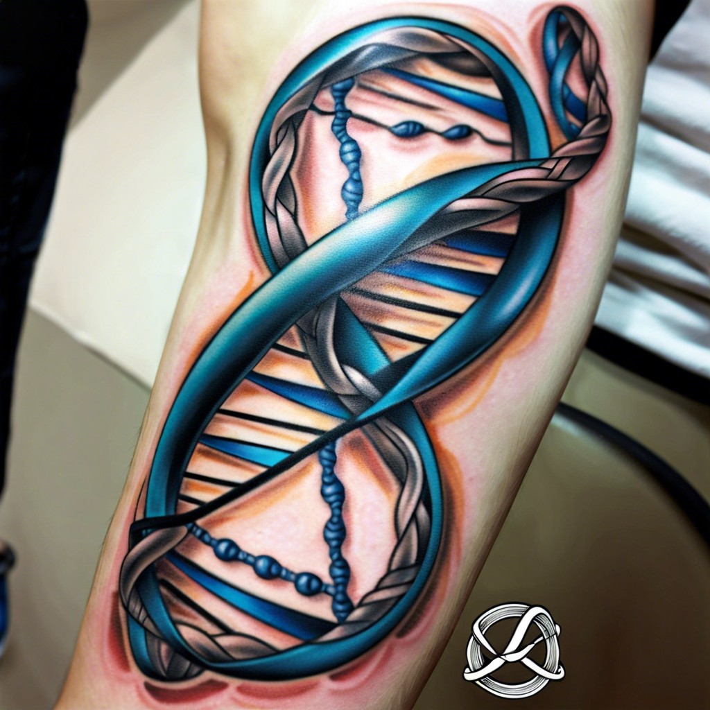 infinity symbol intertwined with a dna helix