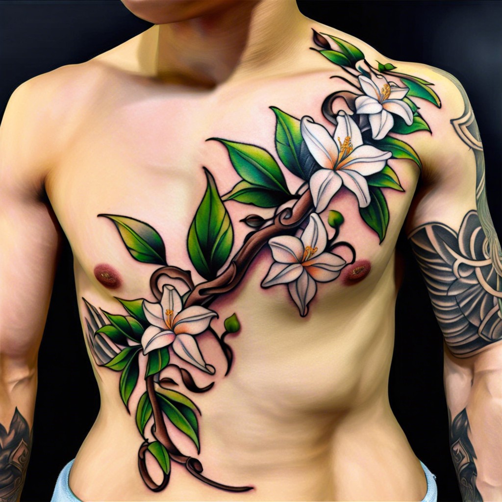 jasmine vine with delicate flowers cascading down the side torso