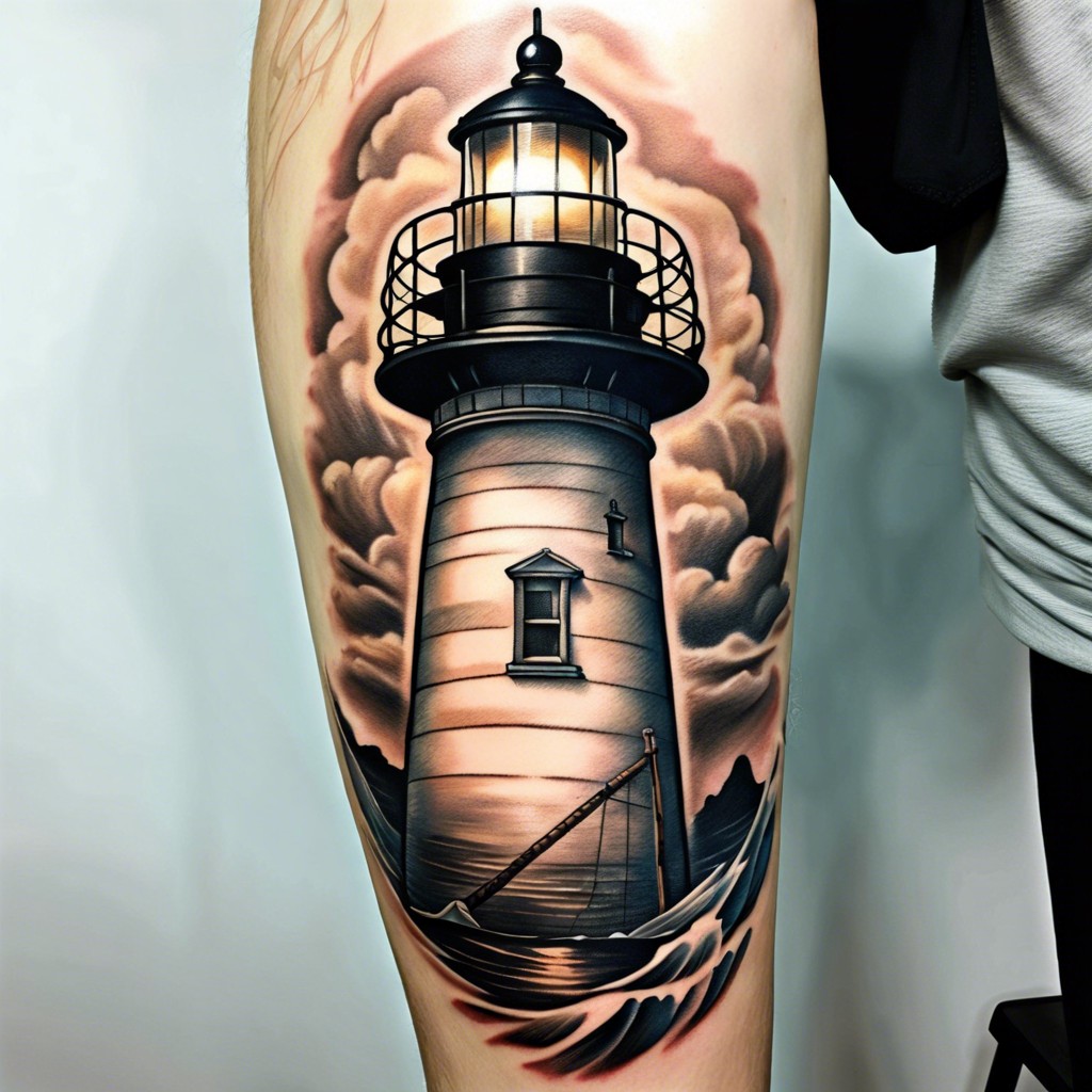 lighthouse casting a beam that transitions into a quote