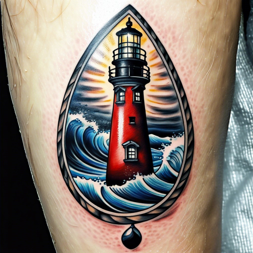 lighthouse surrounded by a stormy sea in a teardrop