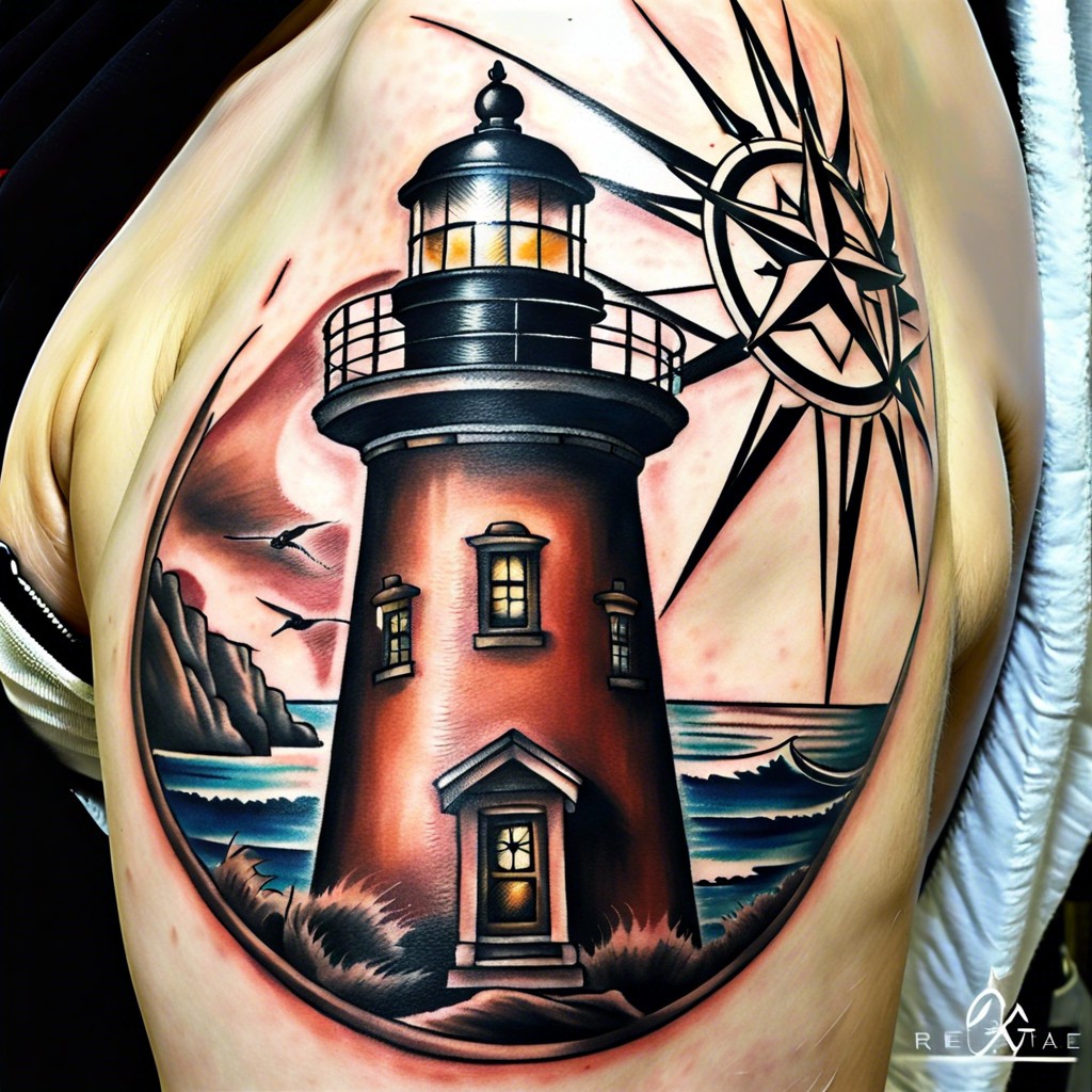 lighthouse with a compass rose base