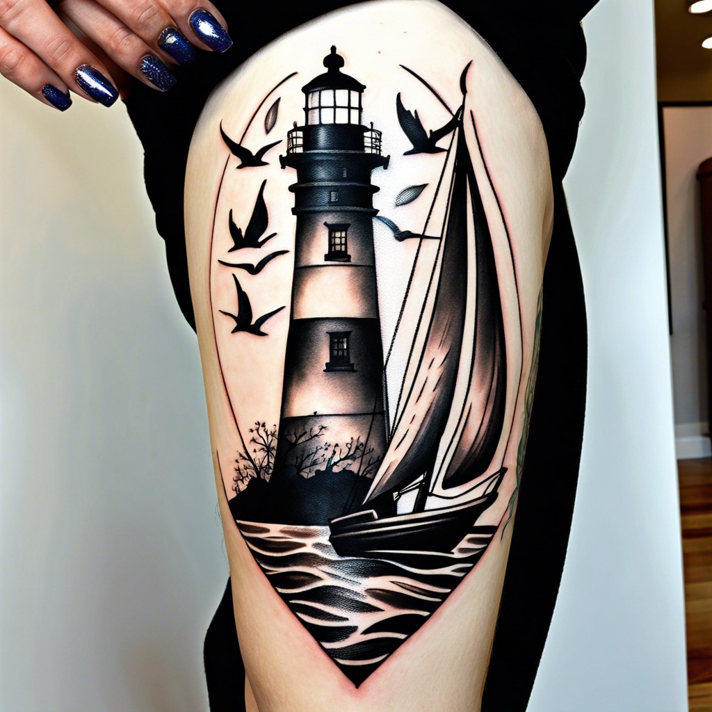 lighthouse with a sailing ship silhouette in the background