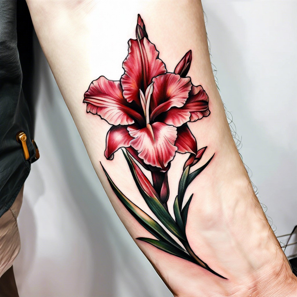 minimalist gladiolus wrist tattoo