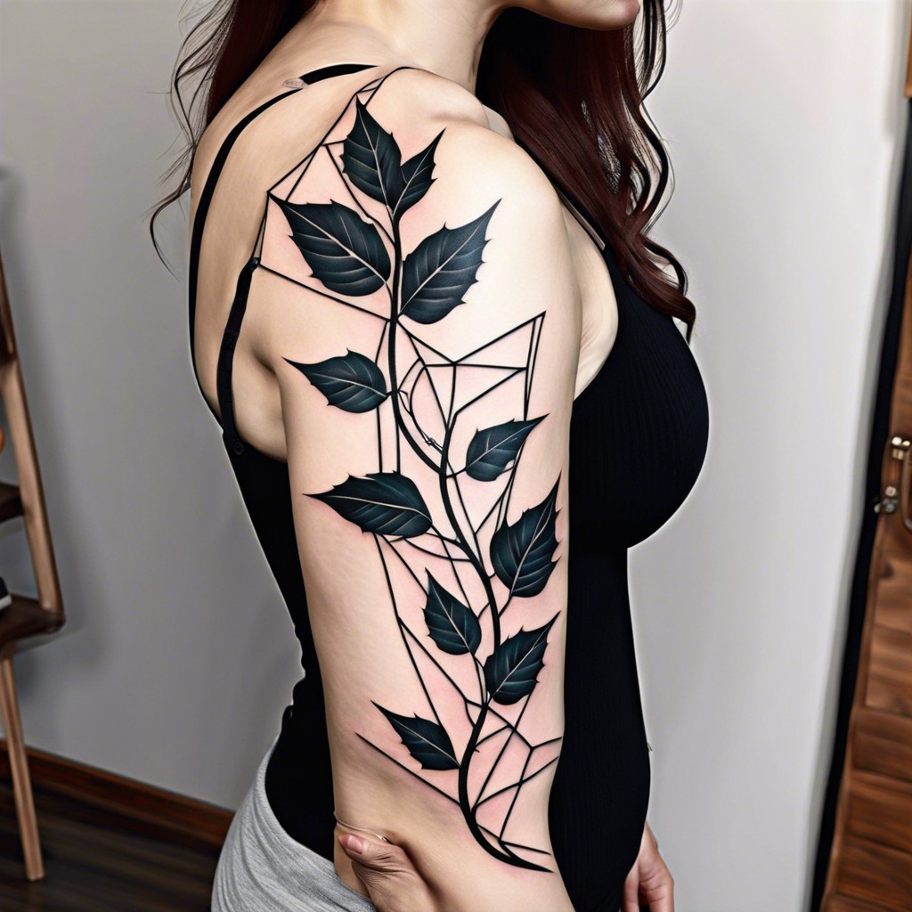 monochrome vine silhouette with geometric shapes on the ribs