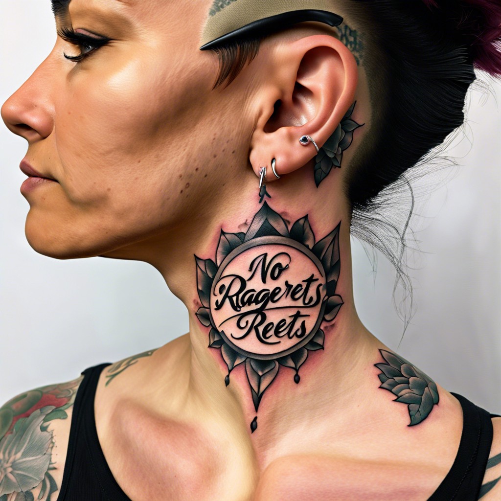 neck tattoo reading no ragrets in flowing script