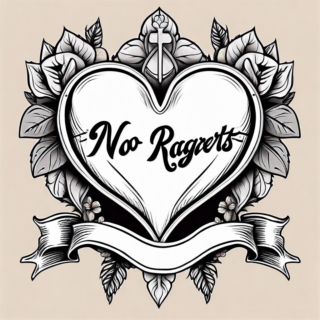 no ragrets inside a banner across a heart