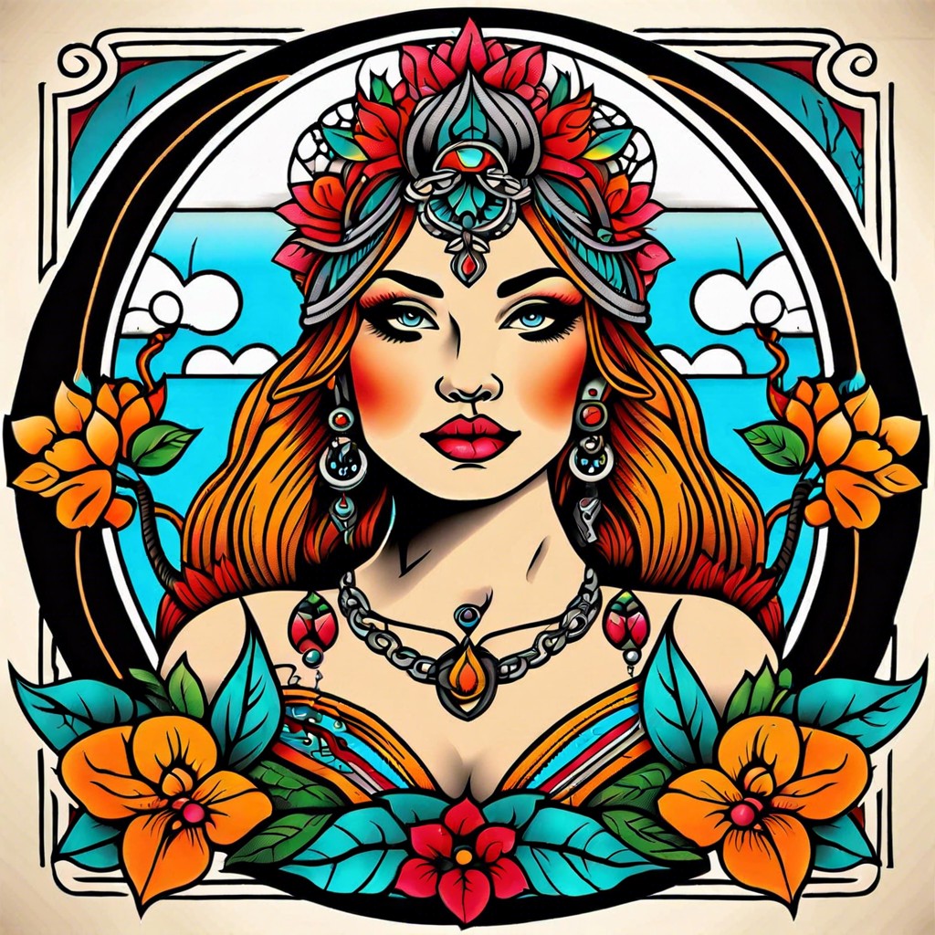 old school tattoo design with vibrant colors and bold black outlines