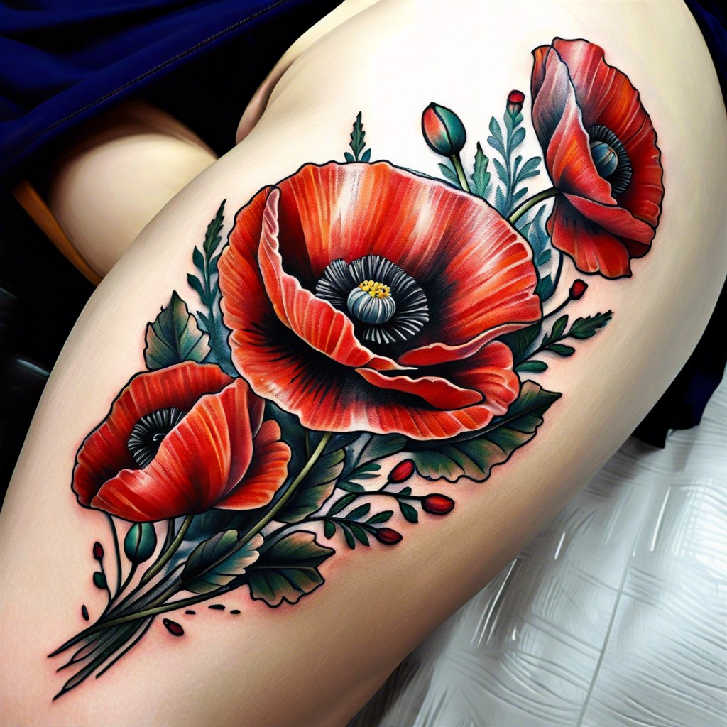 poppy bouquet on the upper thigh