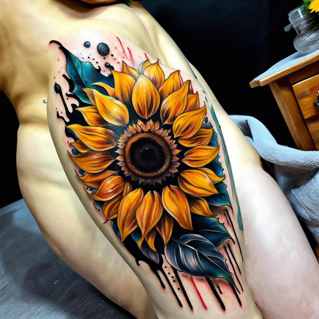 realistic sunflower with an abstract splashy background