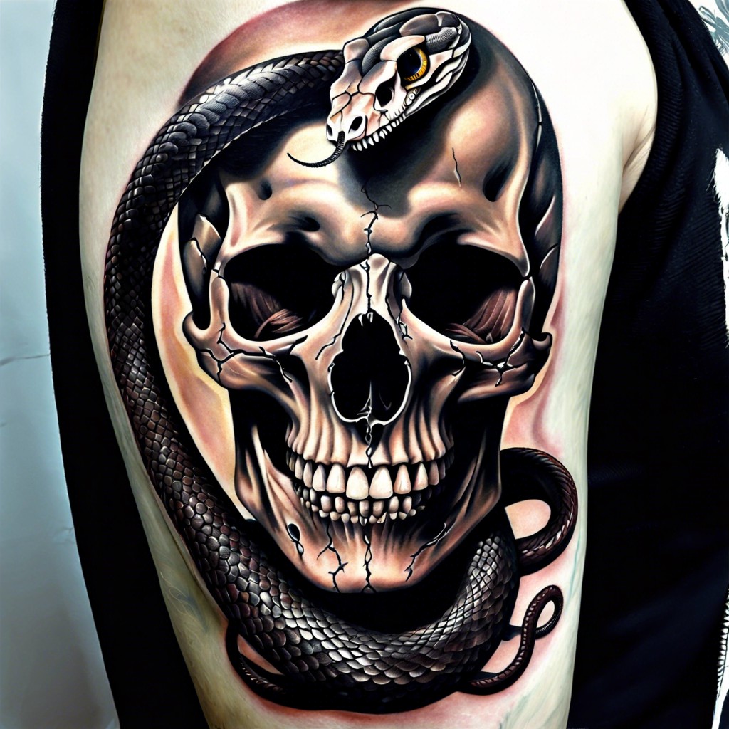 snake weaving through an empty eye socket skull