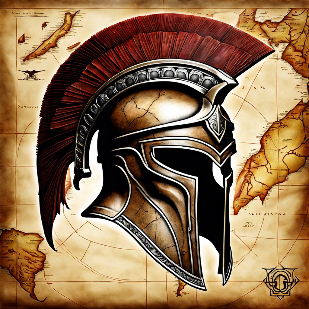 spartan helmet blending into the map of ancient sparta