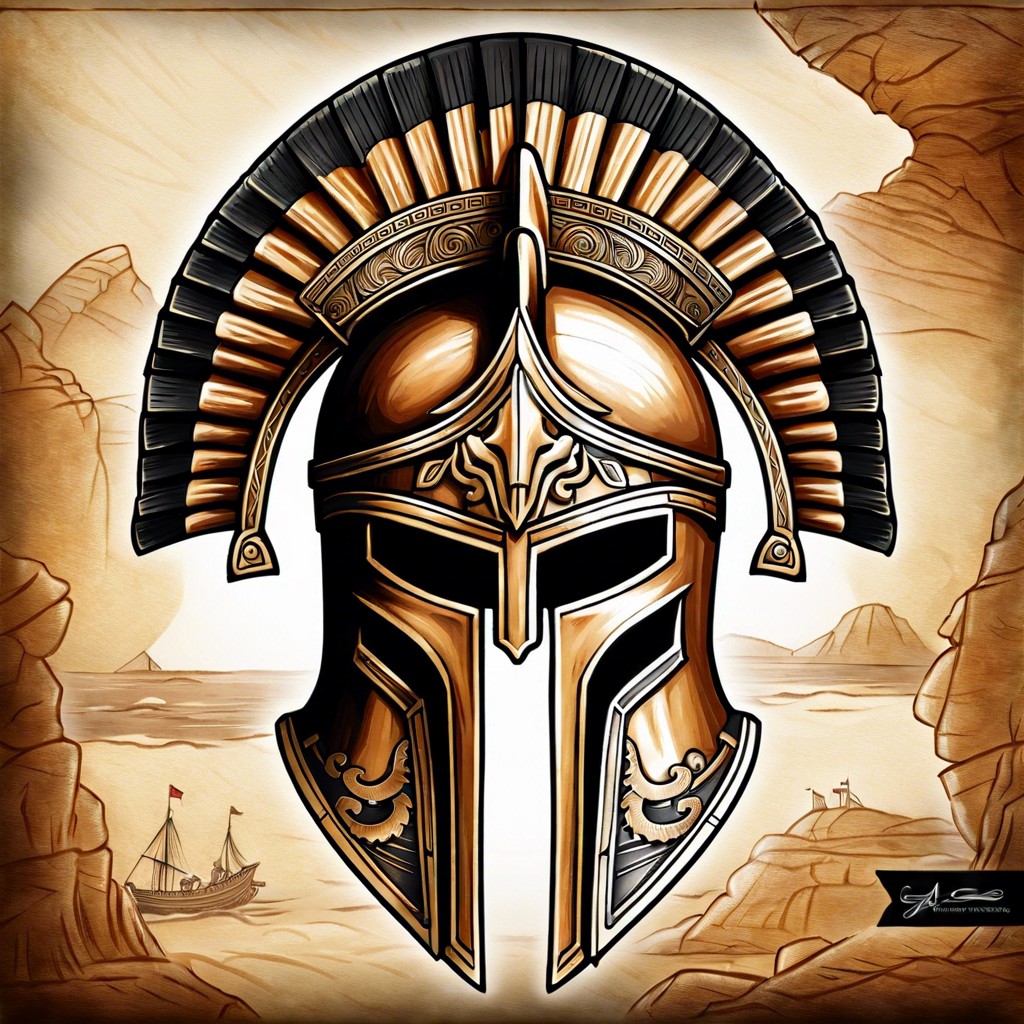 spartan helmet incorporated into a greek trireme scene