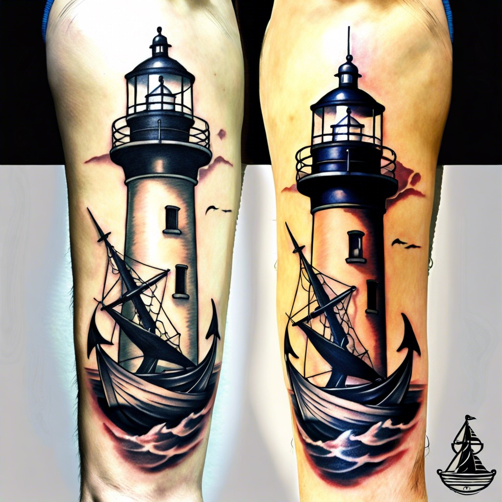 split design with half lighthouse half anchor