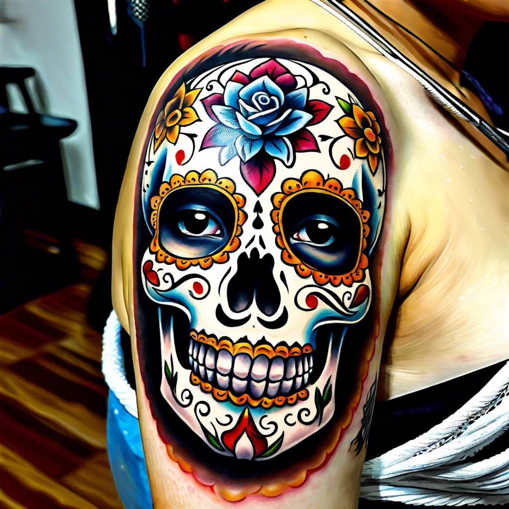 traditional sugar skull tattoo for day of the dead