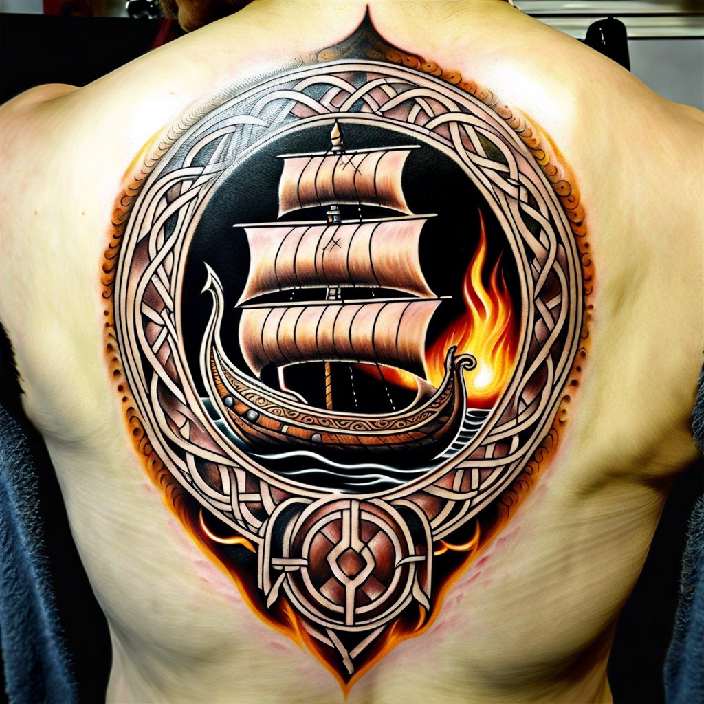 viking ship ablaze with norse runes