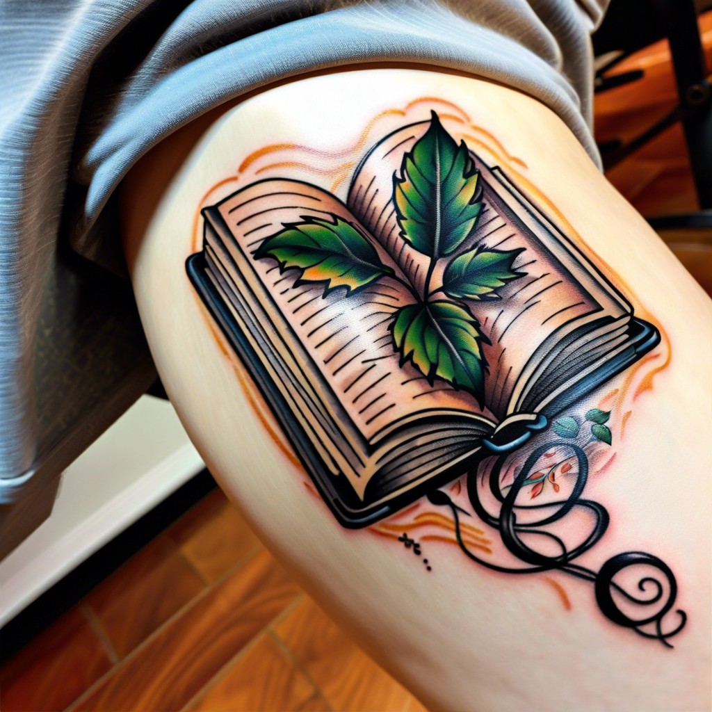 vine growing through the pages of an open book tattoo on the calf