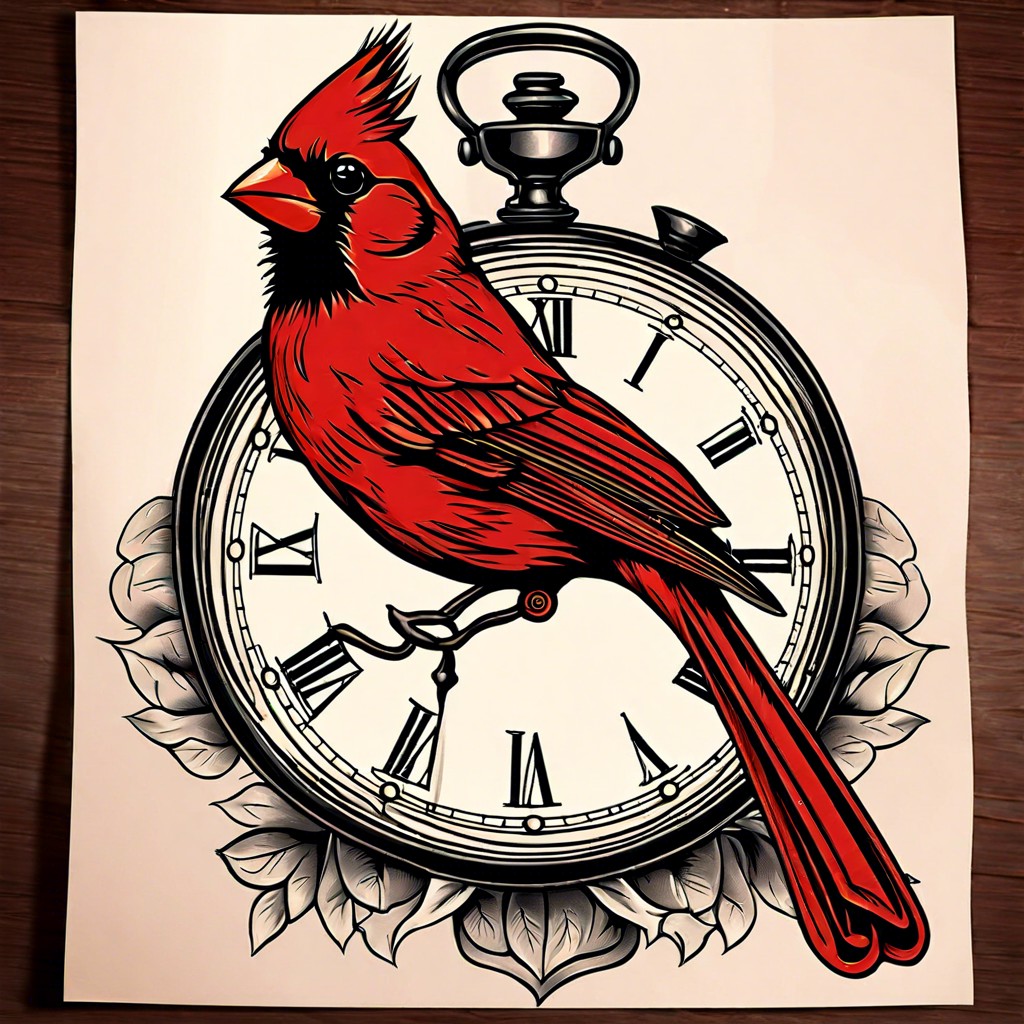 vintage clock with a cardinal perched on the hands symbolizing time