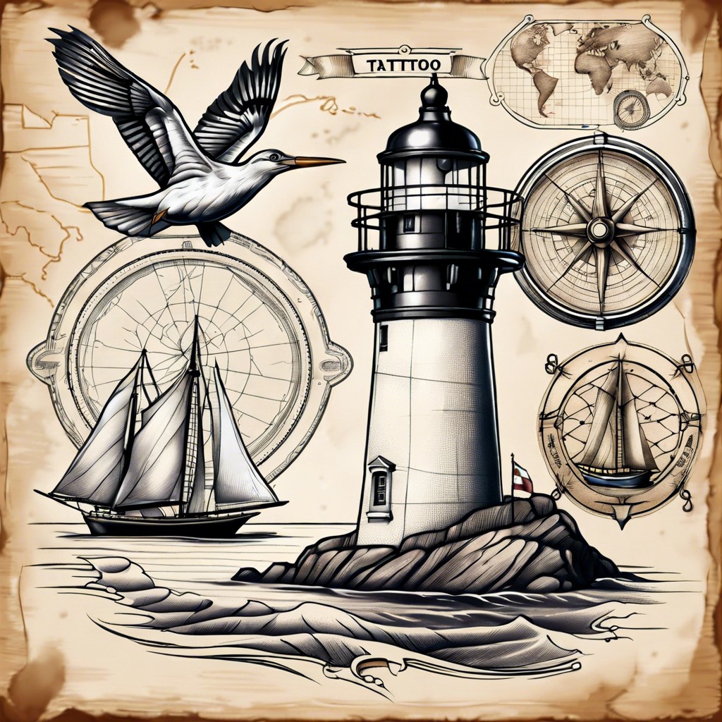 vintage map background with a sketch style lighthouse