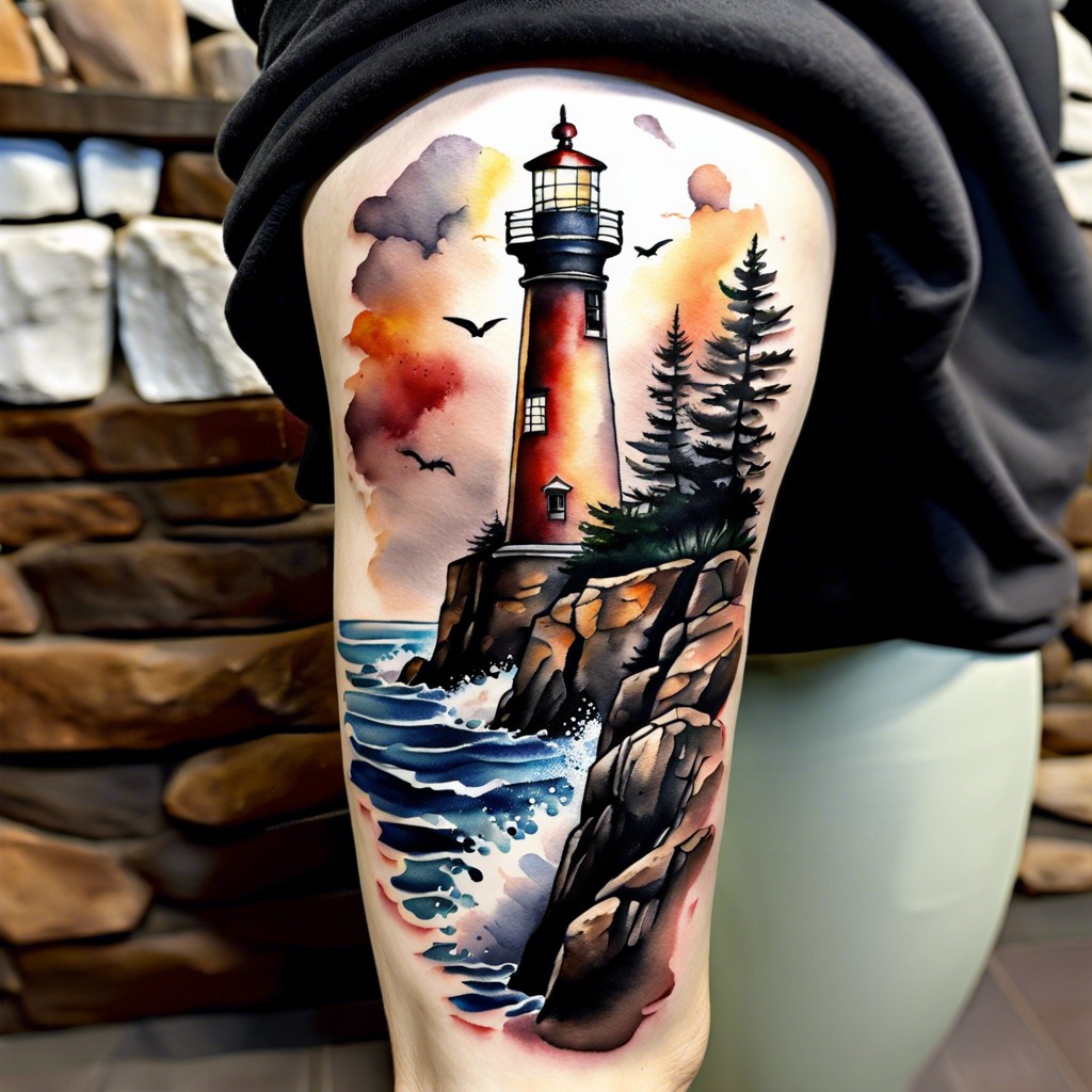 watercolor lighthouse on a rocky cliff