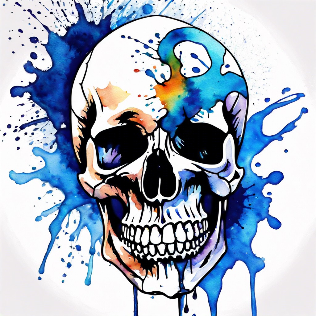 watercolor splash background behind a simple skull outline