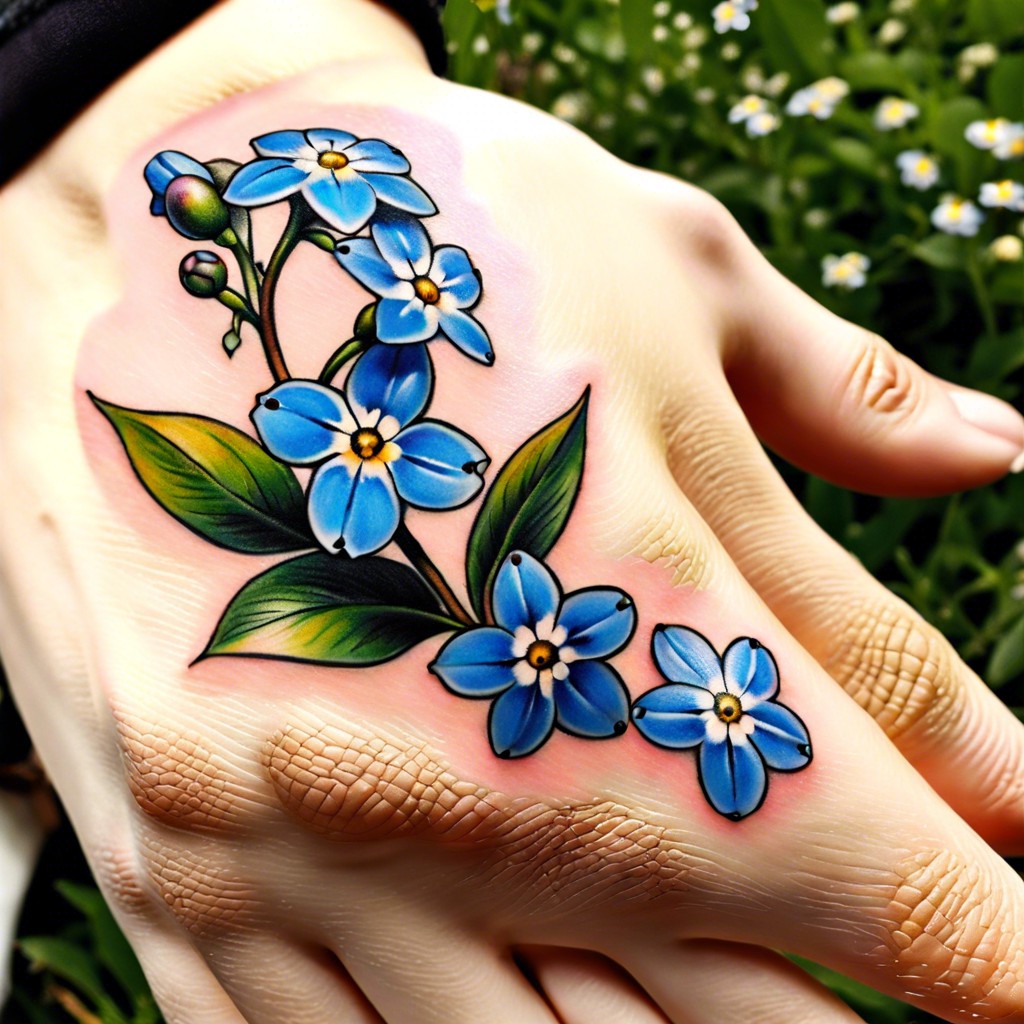 a small forget me not encircled by a geometric shape like a hexagon on the side of the hand