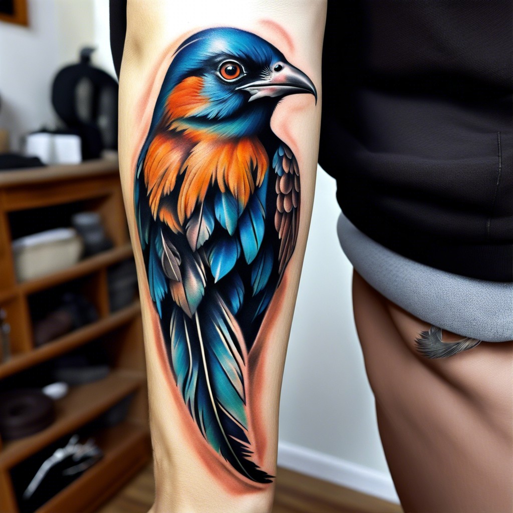 feather transitioning into birds across the shoulder blade