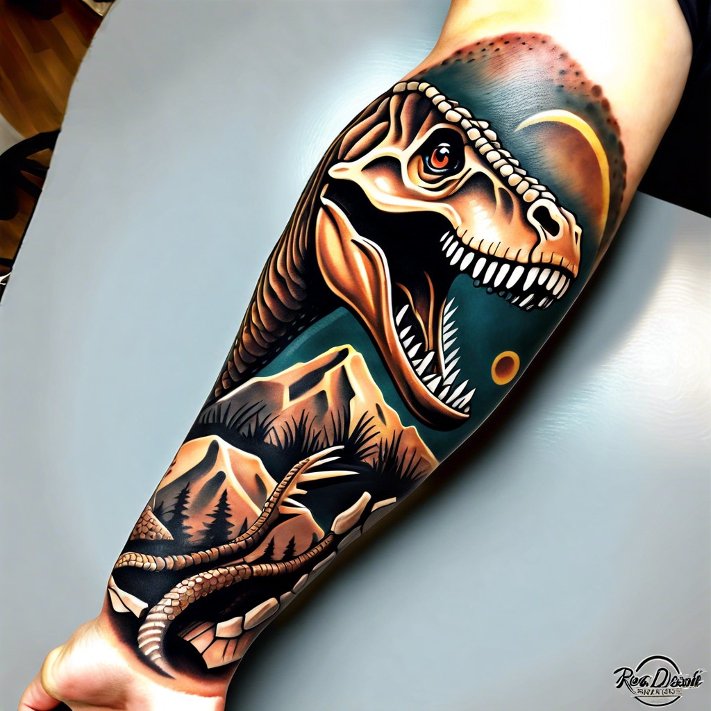 fossil themed sleeve featuring multiple dinosaurs