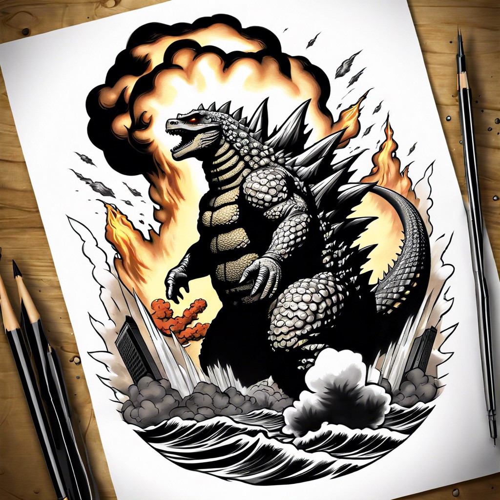 godzilla with a nuclear mushroom cloud