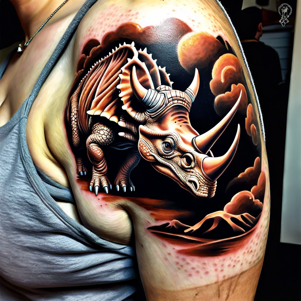 realistic 3d triceratops busting through skin